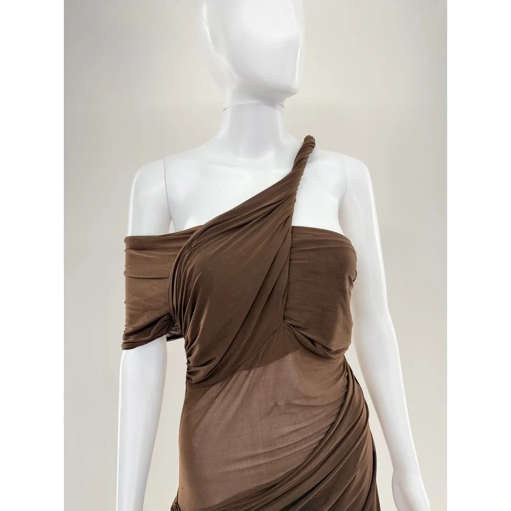 Ronny Kobo Brown One Shoulder Ruched Sheer Draped Mini Dress Size L - Picture 8 of 11